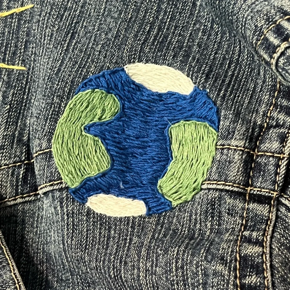 Custom Hand Embroidered Girls Denim‎ Jean Jacket w/Colorful Sun, Planets & Stars - Picture 8 of 14